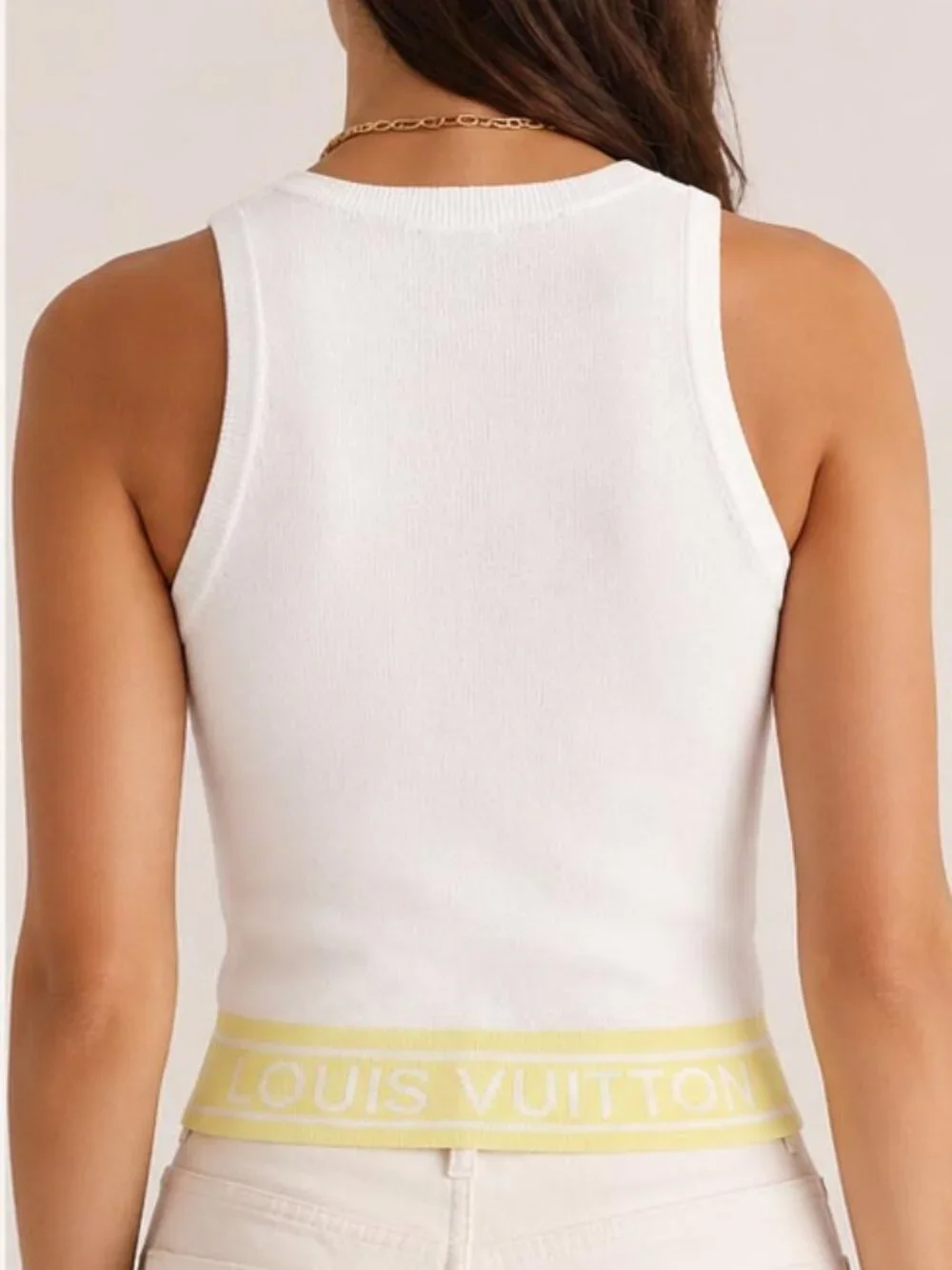 Louis Vuitton Paris White Ribbed Knit Tank Top with Yellow Logo Hem